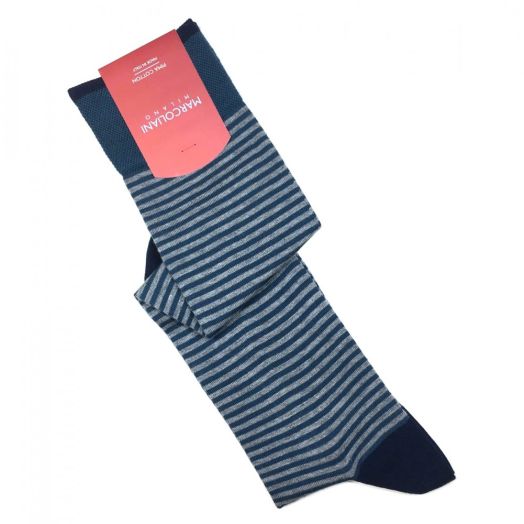 Cotton Over-the-calf Marcoliani Socks - Palio Stripe - Teal, Grey & Navy (91097)