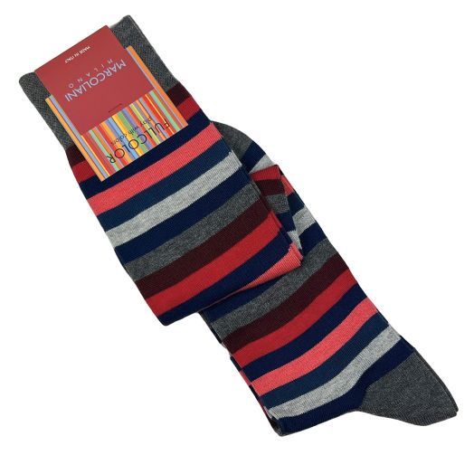 Cotton Over-the-Calf  Marcoliani Socks - Rainbow Stripe - Blue & Red (104252)