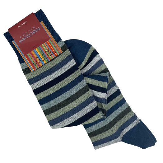 Cotton Over-the-calf Marcoliani Socks - Rainbow Stripe - Denim Sage (113649)
