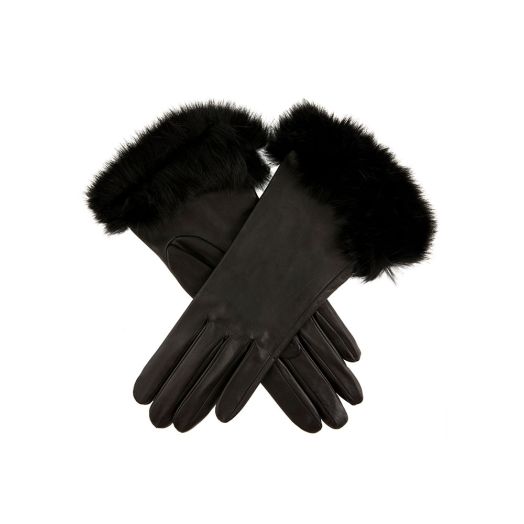 Dents Womens Hairsheep Leather Glove w Fur Cuff - Silk Knit lined - Black (17-2030)
