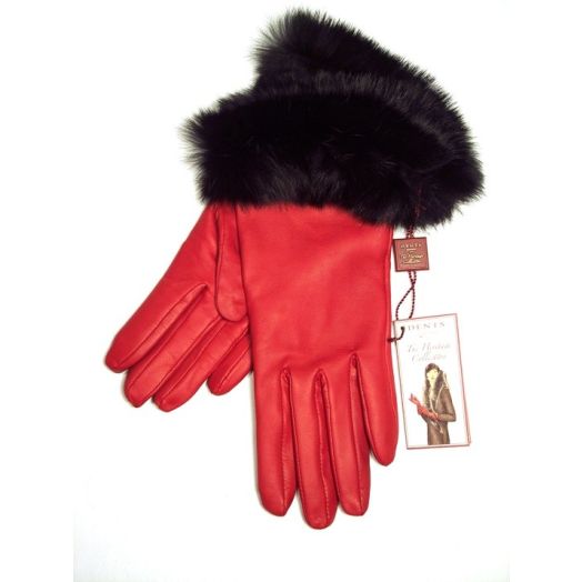Dents Womens Hairsheep Leather Glove w Fur Cuff - Silk Knit lined - Red (17-2030)