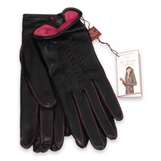 Dents Womens Hairsheep Leather Gloves - Silk lined - Black w/ Rose Contrast Stitch (17-1142)