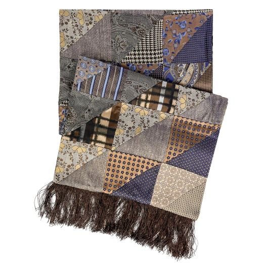 Double Sided Patchwork Silk Scarf - Brown & Blue Mix (110661)