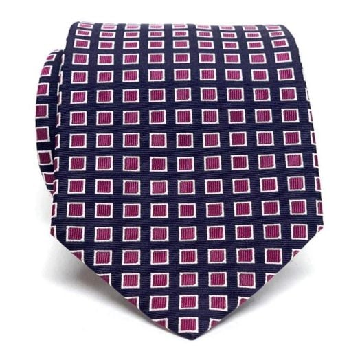 Drake's Jacquard Woven Silk Tie - Squares - Navy with Violet (095876)