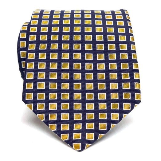 Drake's Jacquard Woven Silk Tie - Squares - Navy with Yellow (095875)