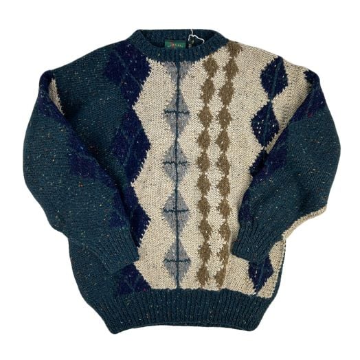 Gaeltarra of Ireland Handknit Donegal Wool Crewneck - Navy, Green & Tan