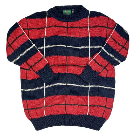 Gaeltarra of Ireland Linen & Cotton Hand Knit Crewneck Sweater - Red & Navy Window