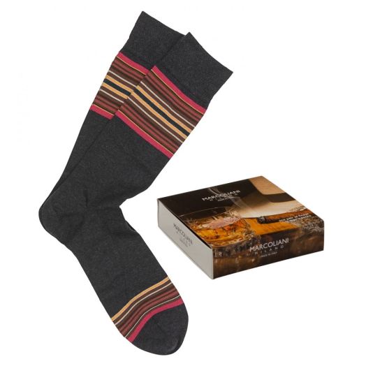 Gift-boxed Cotton mid-calf Marcoliani Socks - Charcoal with Tan & Red (whiskey gift box)
