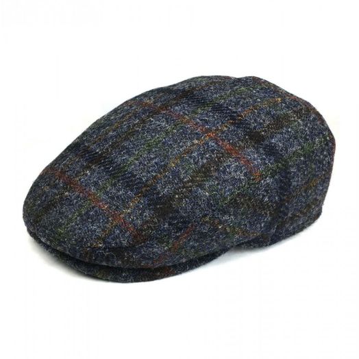 Gottmann Harris Tweed Flatcap with pull down earflaps - Navy Charcoal Check with Rust & Olive