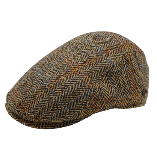 Gottmann Harris Tweed Flatcap with pull down earflaps - Tan and Brown Herringbone with Orange & Sky