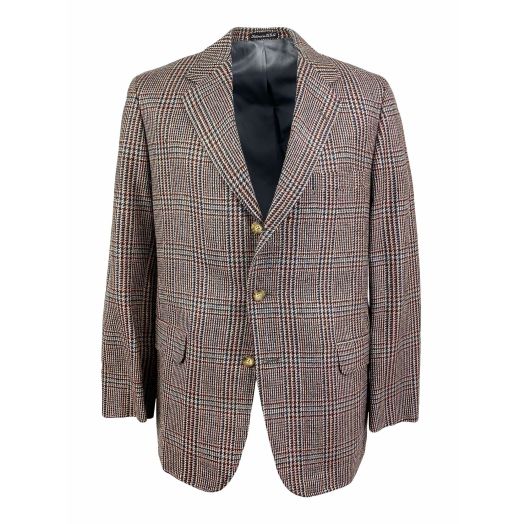 H Freeman Sport Coat - Wool & Silk - Tan & Brown Multicolor Glen Plaid