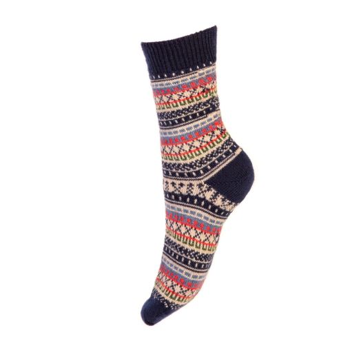 House of Cheviot Ladies Fair Isle Wool Mid-crew Sock - Navy
