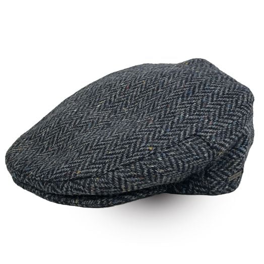 John Hanly Chunky Tweed Herringbone Flat Cap - Blue