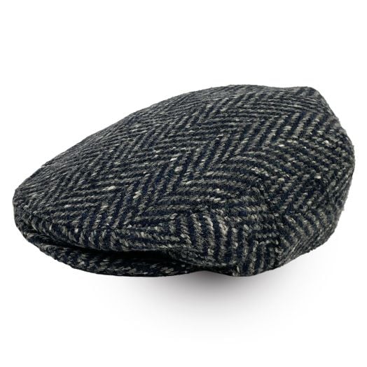John Hanly Wool Chunky Herringbone Tweed Flat Cap - Charcoal Navy