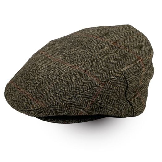 John Hanly Wool Herringbone Tweed Flat Cap - Brown with Red & Orange Window