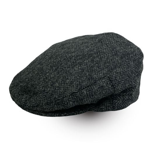 John Hanly Wool Herringbone Tweed Flat Cap - Charcoal Grey