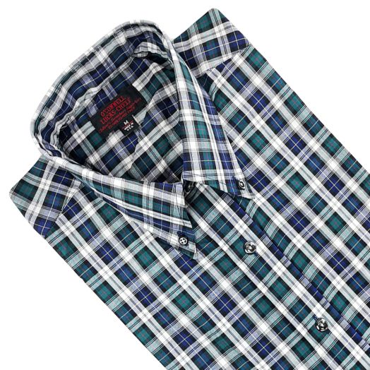 Kenneth Gordon Cotton Broadcloth Short Sleeve Sport Shirt - Green Navy Tartan