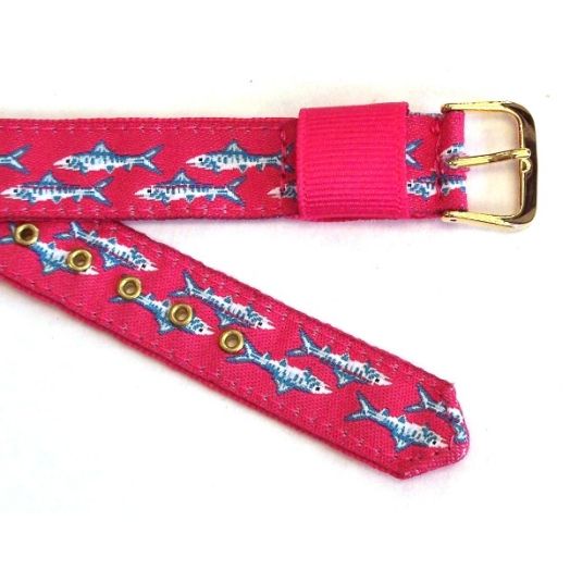 Women's Brass Grommetted Ribbon Watchband - Bonefish School on Pink (48406)
