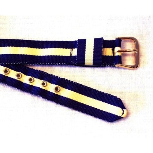 Women's Brass Grommetted Ribbon Watchband - Navy & Yellow Stripe (50056)