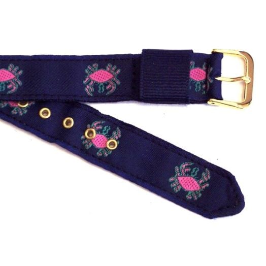 Women's Brass Grommetted Ribbon Watchband - Pink Crabs on Navy (55586)