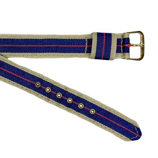 Women's Brass Grommetted Ribbon Watchband - Tan and Navy with Red (54725)