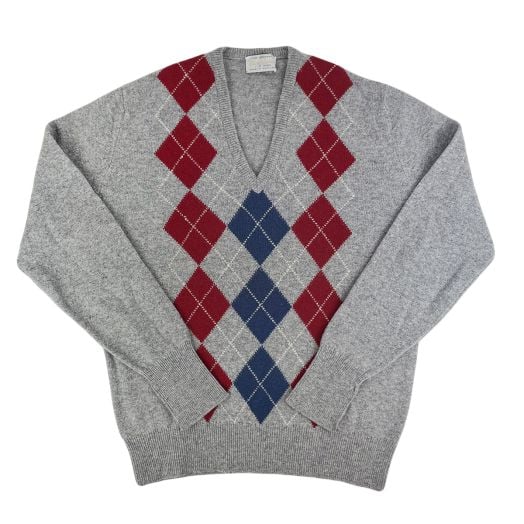 Aquascutum Scottish Lambswool Intarsia V-Neck Sweater - Argyle - Grey