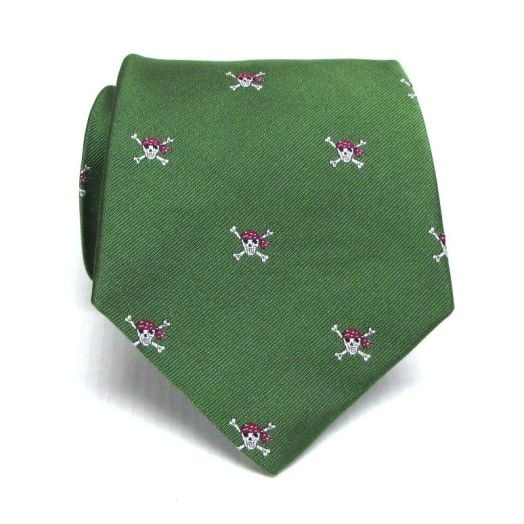 Lee Allison Woven Silk Necktie - Bandana Skull - Green with Magenta & White (72094)