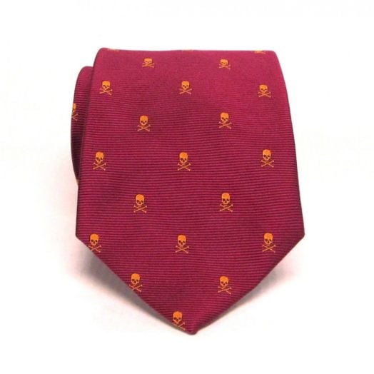 Lee Allison Woven Silk Necktie - Skull & Crossbones - Magenta & Orange (71650)
