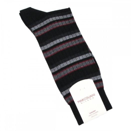 Light Cashmere & Silk mid-calf Marcoliani Sock - Stripe - Black with Grey, Charcoal & Red
