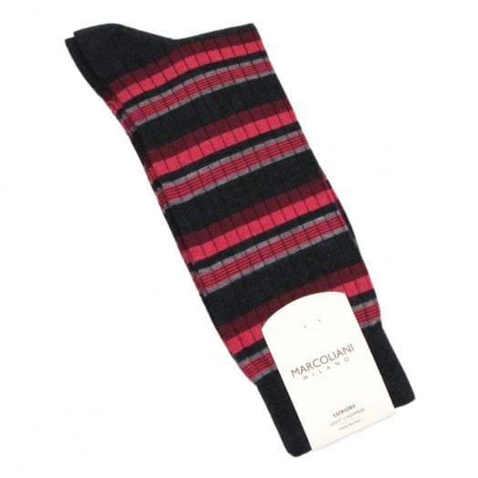 Light Cashmere & Silk mid-calf Marcoliani Sock - Stripe - Charcoal with Coral, Red & Grey