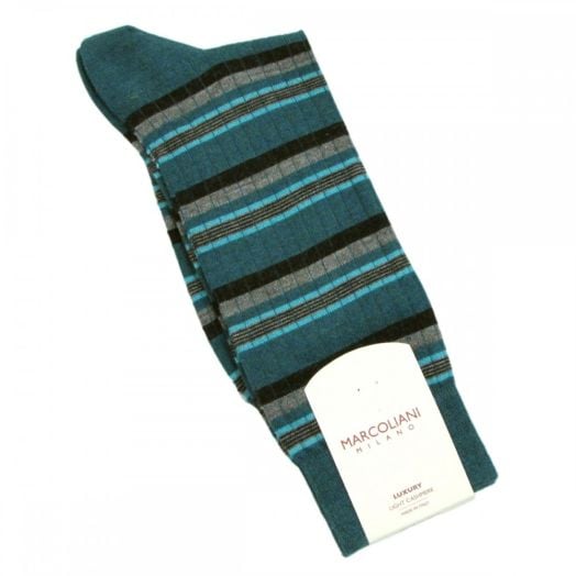 Light Cashmere & Silk mid-calf Marcoliani Sock - Stripe - Green with Grey, Charcoal & Teal