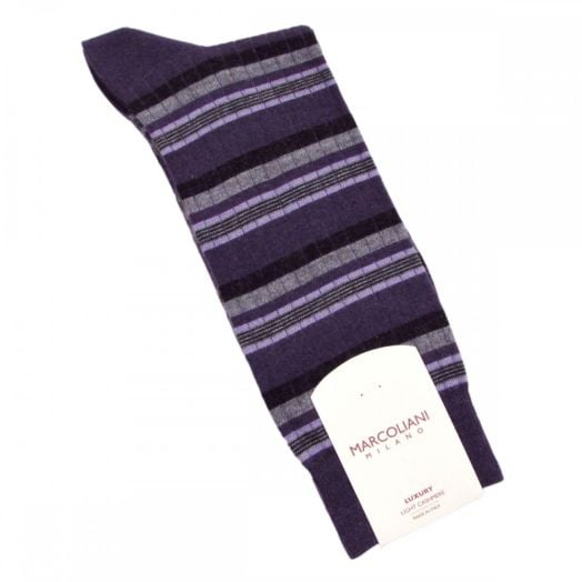 Light Cashmere & Silk mid-calf Marcoliani Sock - Stripe - Plum with Grey, Charcoal & Lilac