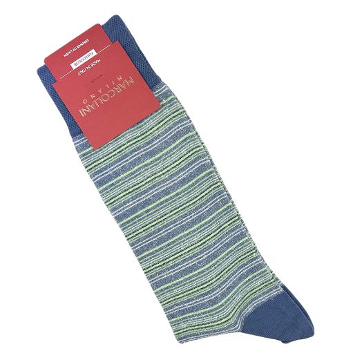 Linen & Cotton mid-calf Marcoliani Socks - Tight Stripe - Denim & Green  (117150)
