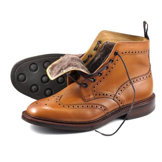 Loake Shearling lined Brogue Boot with Dianite Sole - Wolf - Burnished Tan