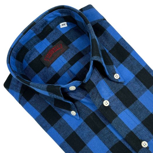 O'Connell's Button Down Long Sleeve Cotton Flannel Sport Shirt - Buffalo Plaid - Blue & Black