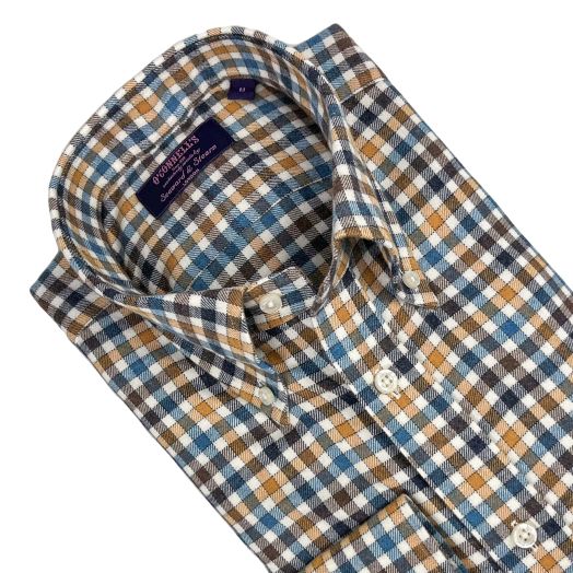 Seaward & Stearn Button Down Long Sleeve Sport Shirt - Brushed Cotton Flannel - Blue, Orange & Brown Check