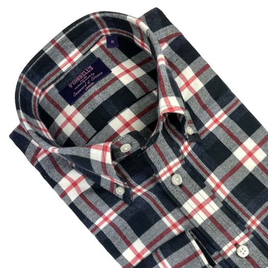 Seaward & Stearn Button Down Long Sleeve Sport Shirt - Brushed Cotton Flannel - Navy Red Plaid 218-1
