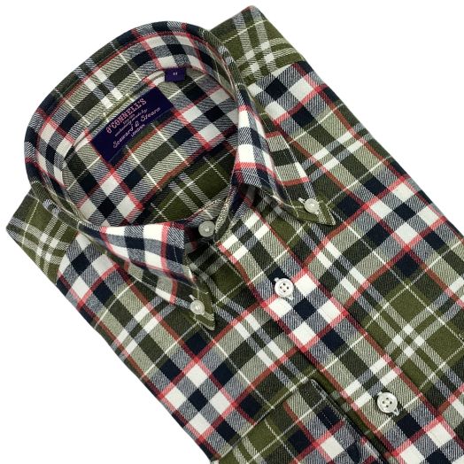 Seaward & Stearn Button Down Long Sleeve Sport Shirt - Brushed Cotton Flannel - Olive Navy Plaid 219-4