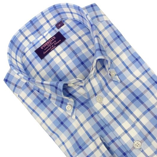 Seaward & Stearn Button Down Long Sleeve Sport Shirt - Light Oxford - British Plaid - Blue & White