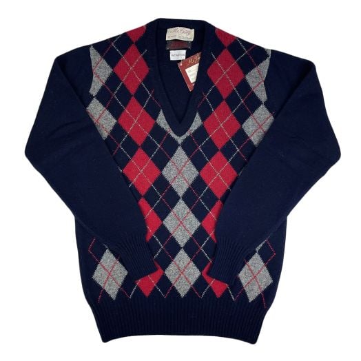 McGeorge Scottish Lambswool Intarsia V-Neck Sweater - Argyle - Navy, Red, Grey