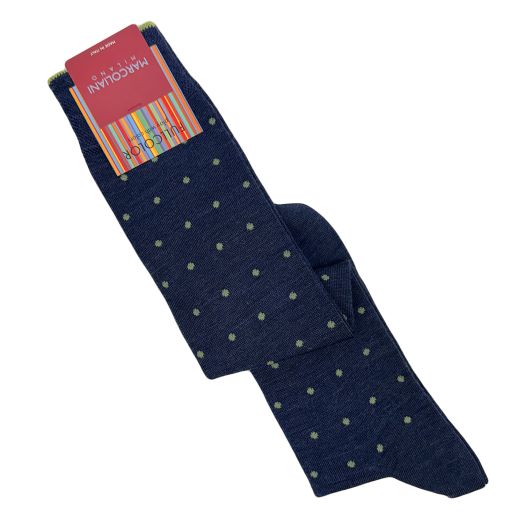 Merino Wool Over-the-calf Marcoliani Socks - St. Tropez Dots - Denim with Lime (115080)