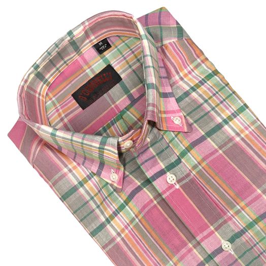 O'Connell's Authentic India Madras - Long Sleeve Popover Shirt - Pink, Green & Orange (307)