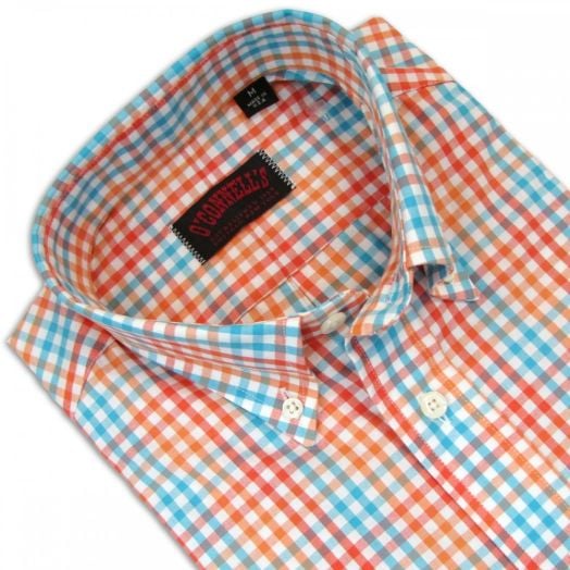 O'Connell's Long Sleeve Buttondown Sport Shirt - Check - Aqua with Orange & Red