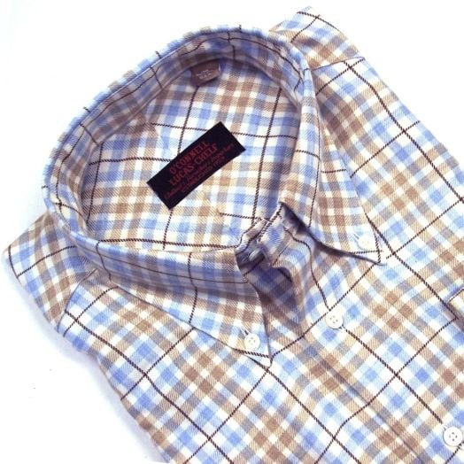 O'Connell's Long Sleeve Sport Shirt - Cotton 'Cashmere' - Tan & Light Blue check with Brown Window