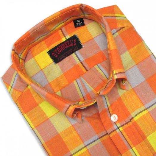 O'Connell's Long Sleeve Textured Cotton Sport Shirt - Day Glo Check