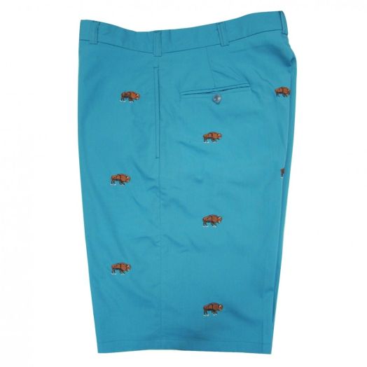 O'Connell's Plain Front Bermuda Shorts - Embroidered Buffalos on Teal Whisper Poplin