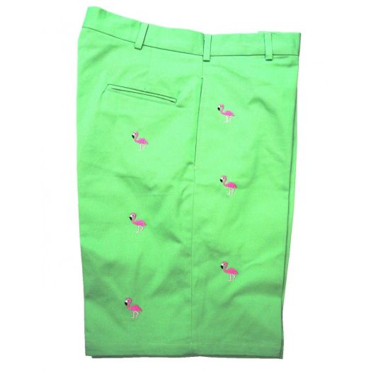 O'Connell's Plain Front Bermuda Shorts - Embroidered Flamingos on Lime Twill