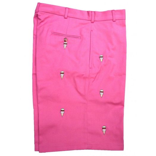 O'Connell's Plain Front Bermuda Shorts - Embroidered Ice Cream Cones on Pink Twill