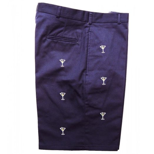 O'Connell's Plain Front Bermuda Shorts - Embroidered Martinis on Navy Cotton Twill