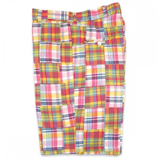 O'Connell's Plain Front Bermuda Shorts - Patch Madras (Patch 3) Pink & Yellow